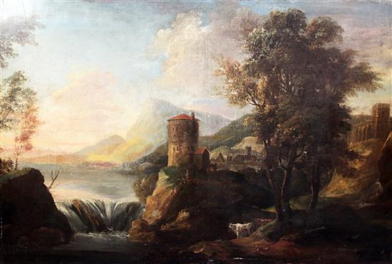 Follower of Sebastiano Ricci (1659-1734) Landscape with figures under a tower by a waterfall, 32 x 48.5in., unframed